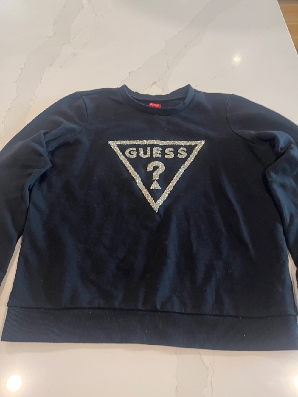 GUESS Black Crewneck Sweatshirt with Silver Sequin Triangle Logo